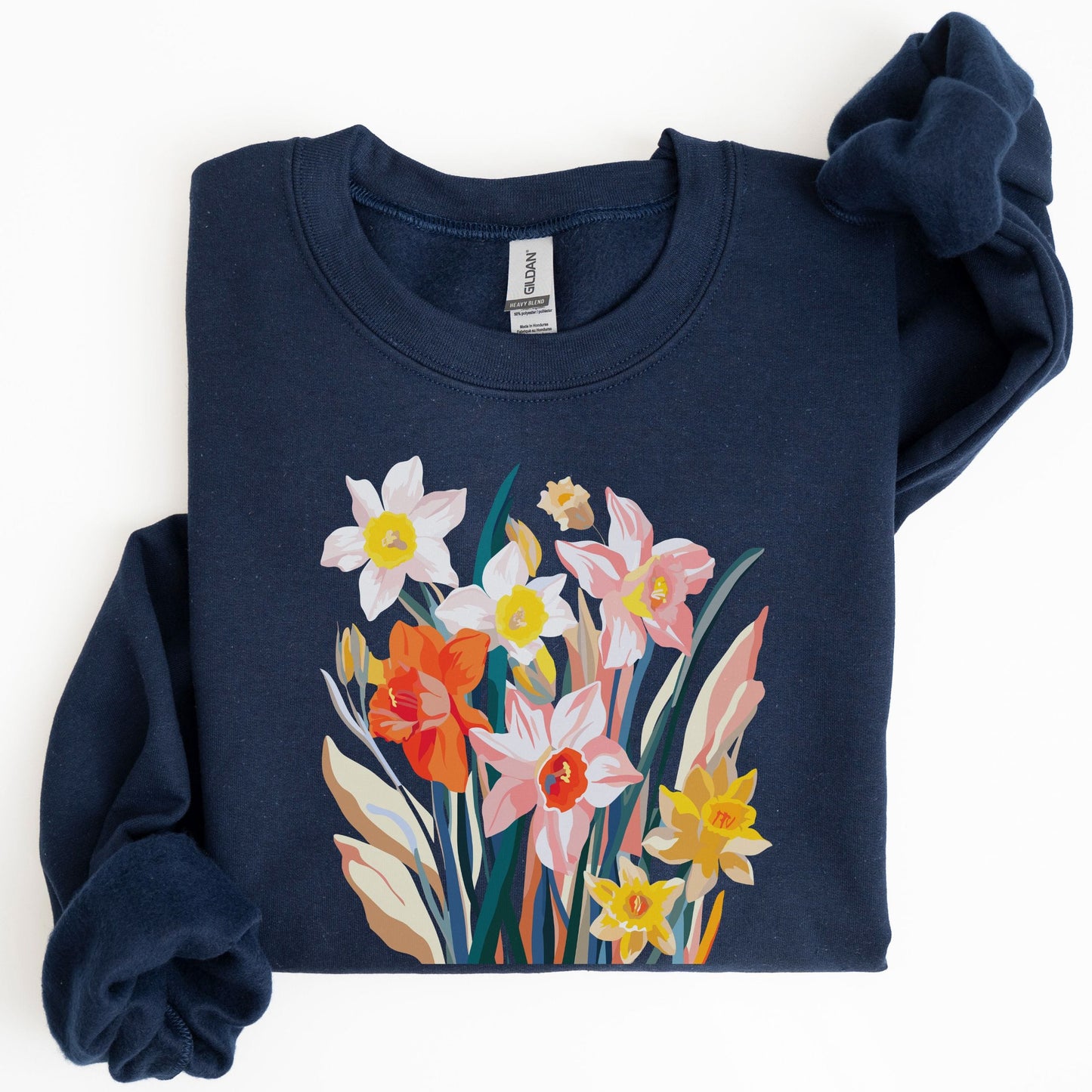 Navy blue sweatshirt with colorful floral design on a white background