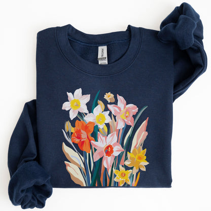 Navy blue sweatshirt with colorful floral design on a white background