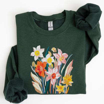 Green sweatshirt with floral design on a white background