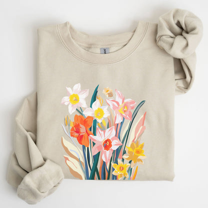 Beige sweatshirt with floral design on a white background