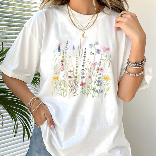 White t-shirt with floral design worn by a person, with a plant in the background