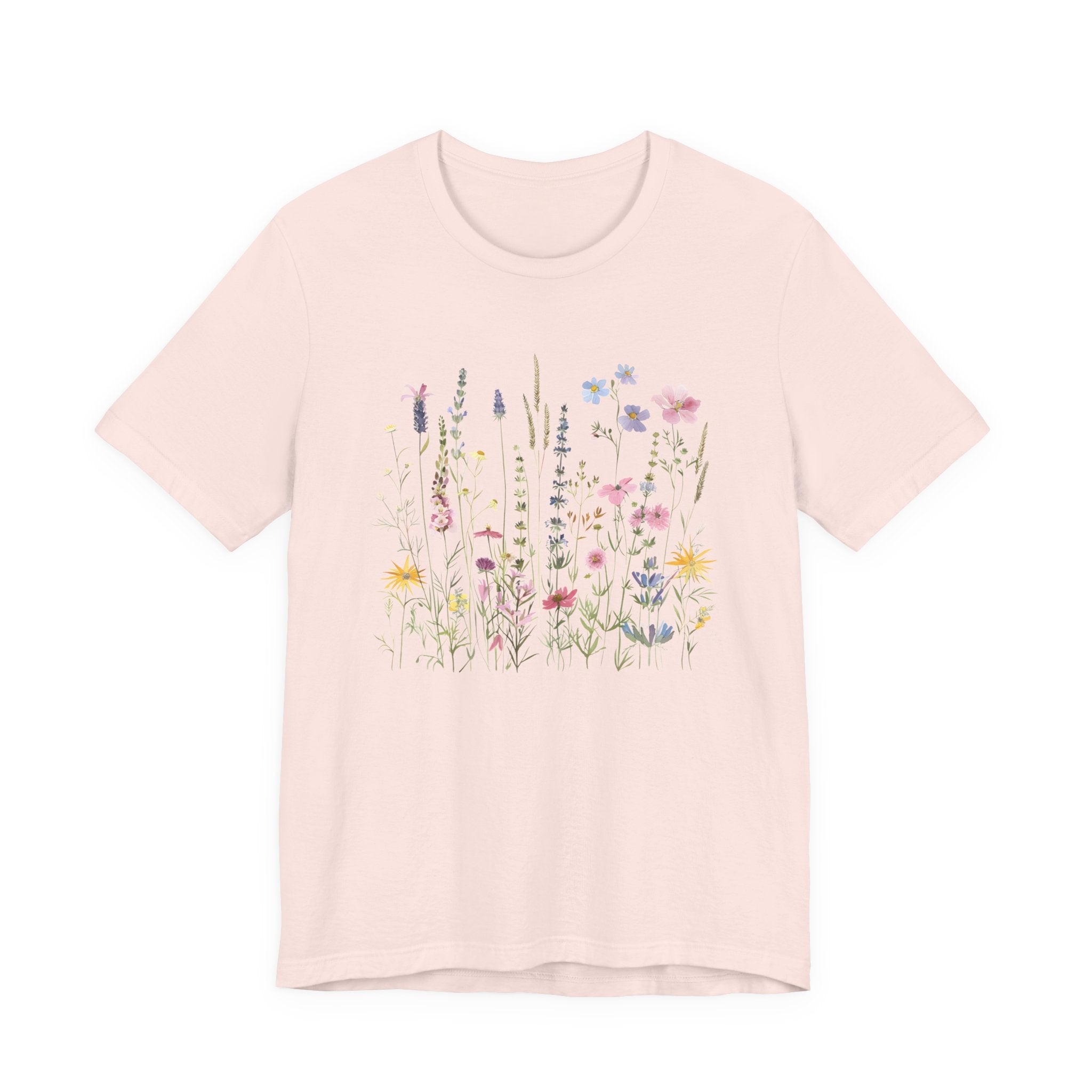 Pink t-shirt with floral design on a white background