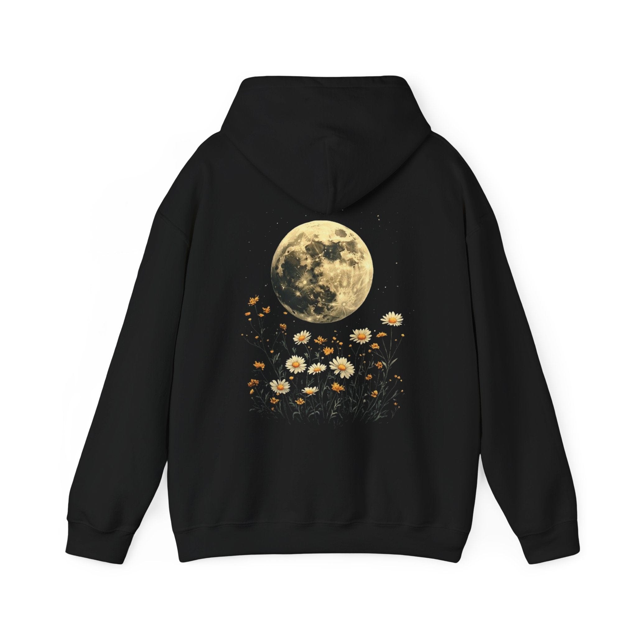 Black hoodie with a moon and floral design on the back against a white background