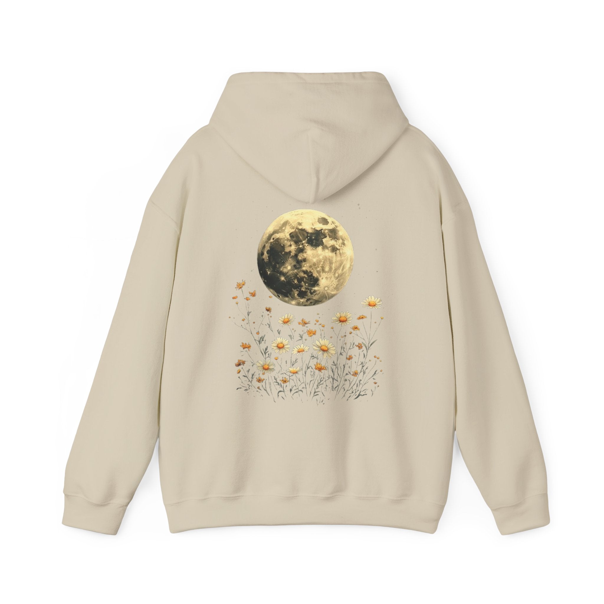 Beige hoodie with a moon and floral design on the back against a white background