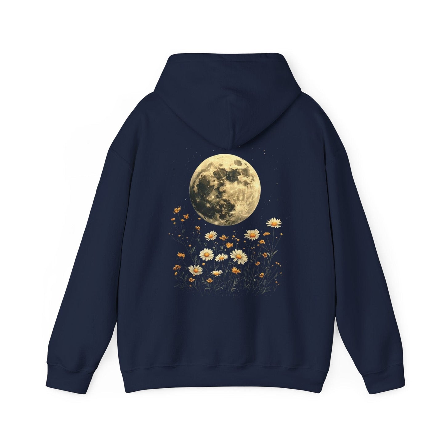 Navy blue hoodie with a moon and floral design on the back against a white background