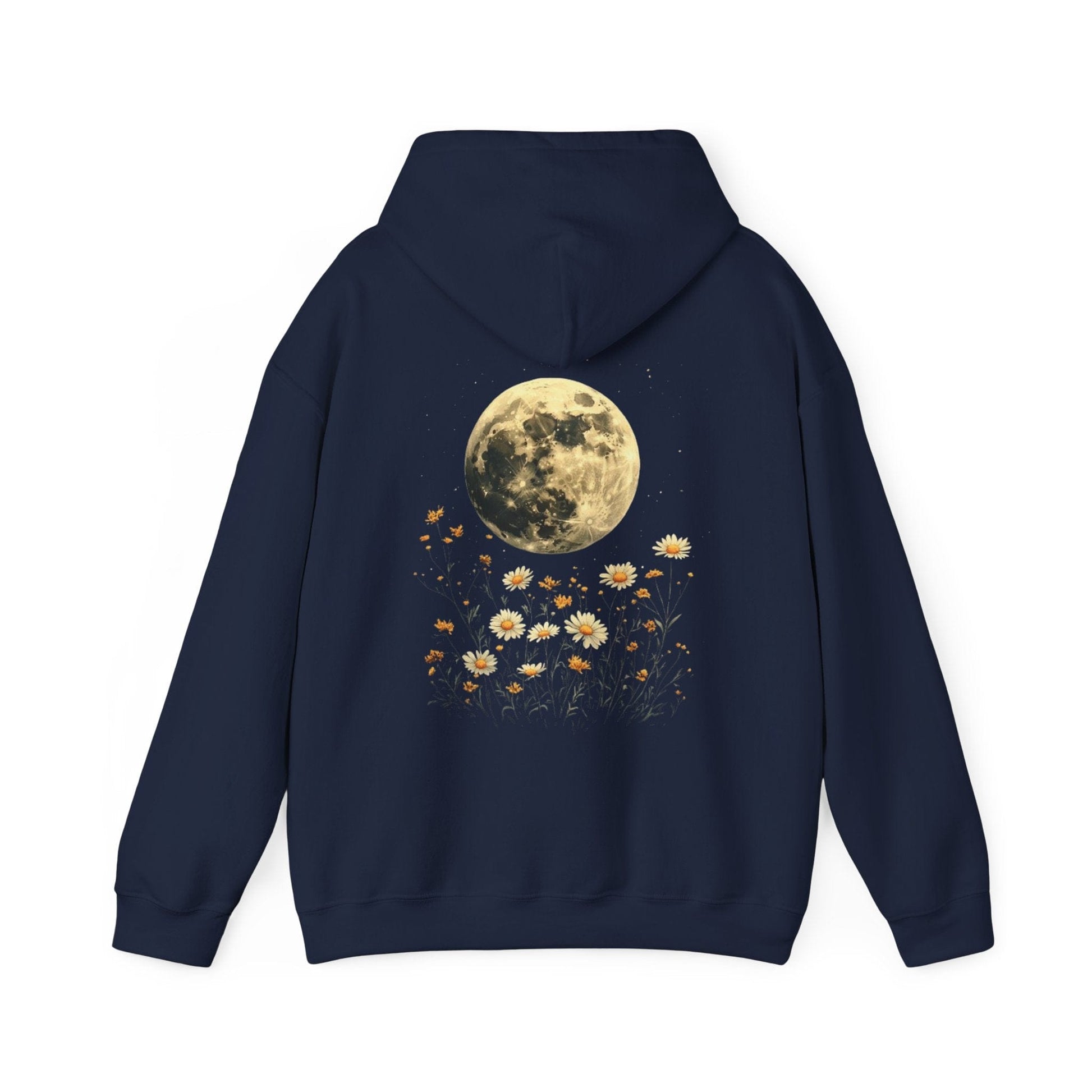 Navy blue hoodie with a moon and floral design on the back against a white background