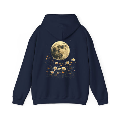 Navy blue hoodie with a moon and floral design on the back against a white background