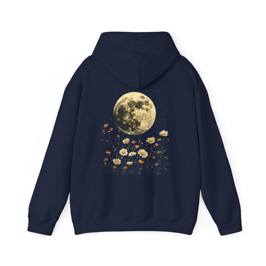 Navy blue hoodie with a moon and floral design on the back against a white background