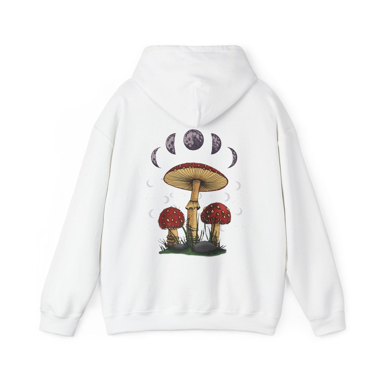 White hoodie with mushroom and moon phase design on the back against a white background