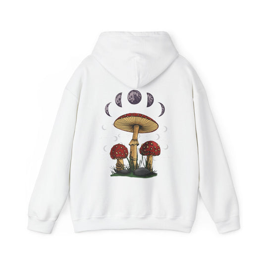 White hoodie with mushroom and moon phase design on the back against a white background