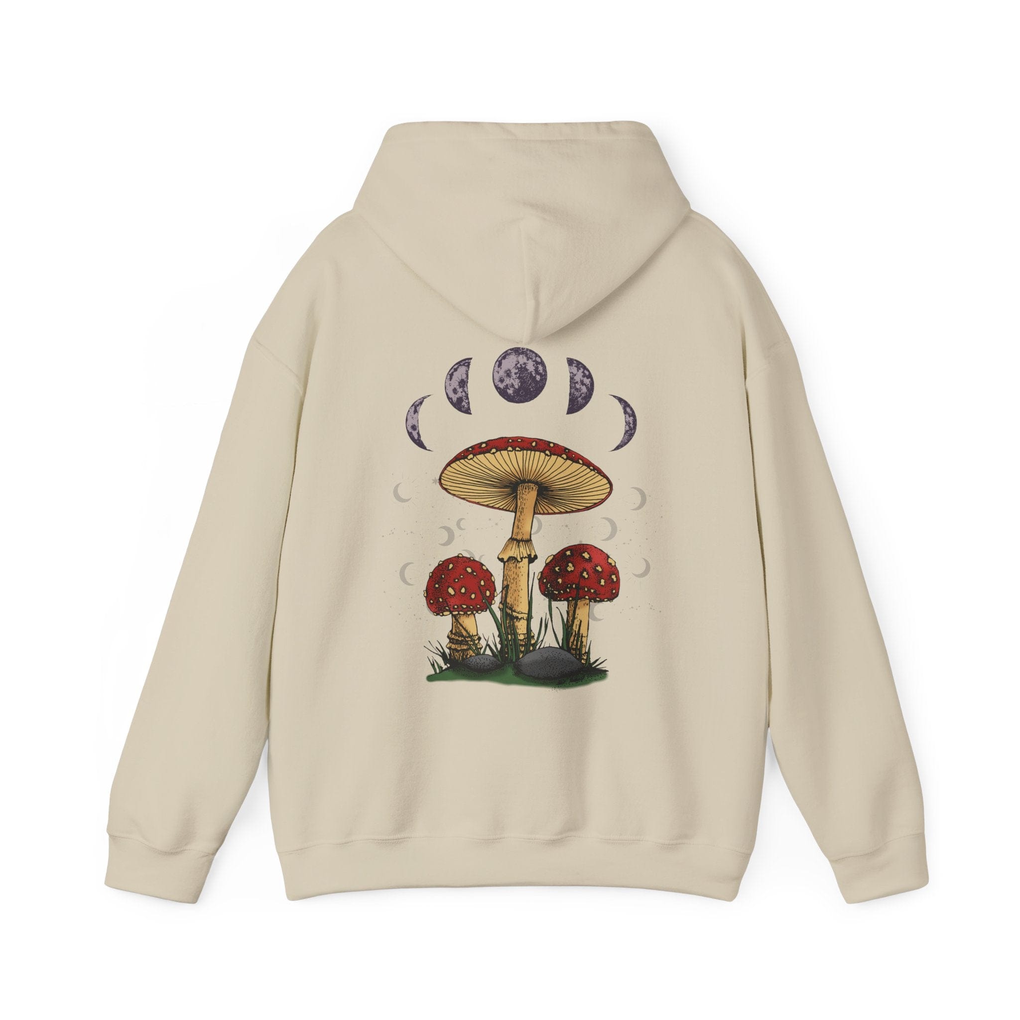 Beige hoodie with mushroom and moon phase design on the back against a white background