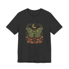 Dark heather grey t-shirt with a green butterfly and floral design on a white background