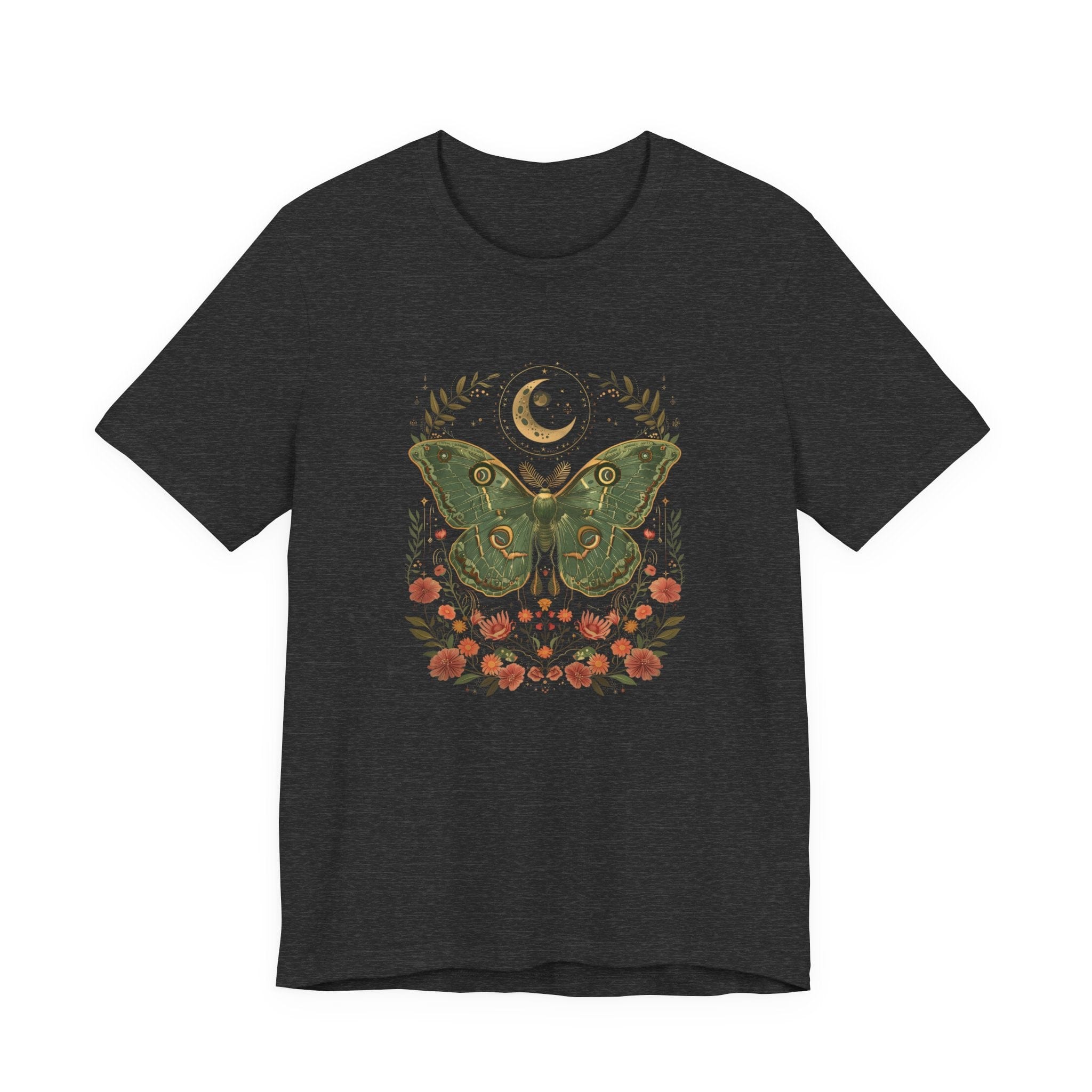 Dark heather grey t-shirt with a green butterfly and floral design on a white background