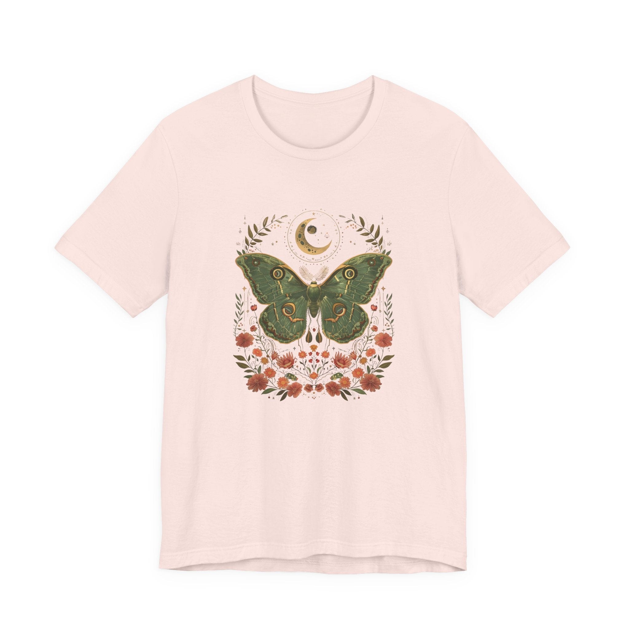 Pink t-shirt with a moth design on a white background