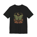 Black t-shirt with a moth and moon design on a white background