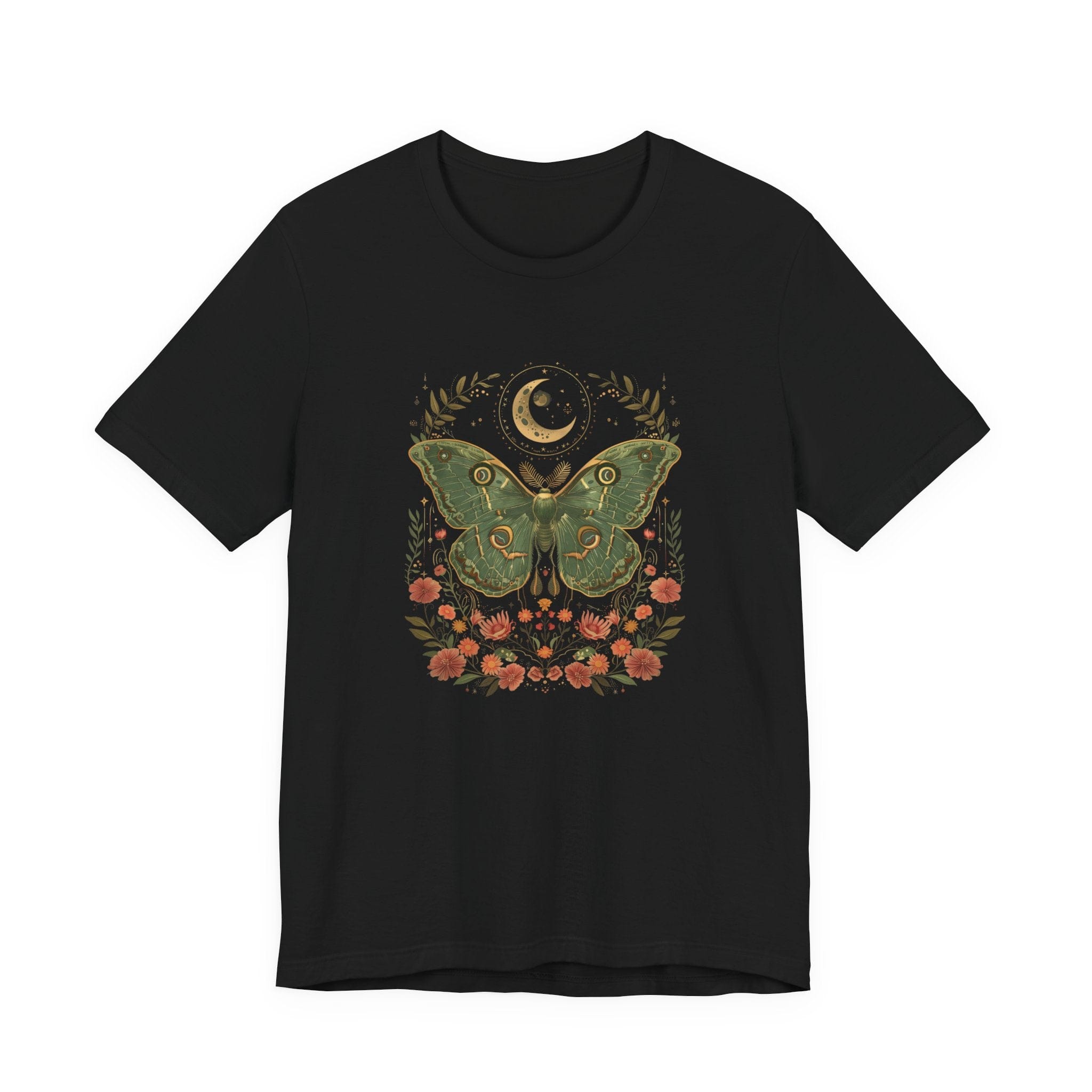 Black t-shirt with a moth and moon design on a white background