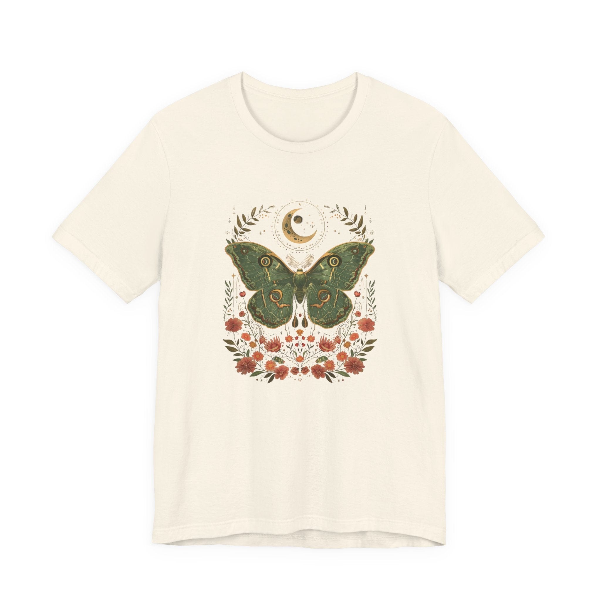 Beige t-shirt with a moth and floral design on a white background