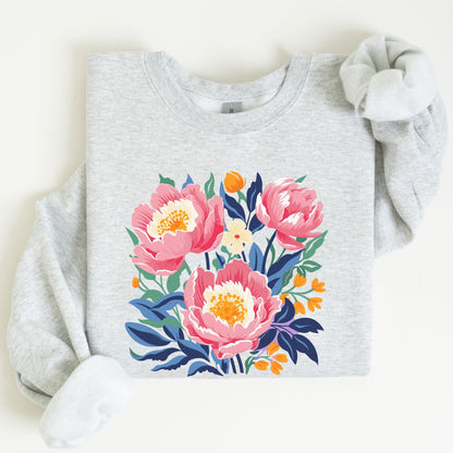 Gray sweatshirt with colorful floral design on a white background