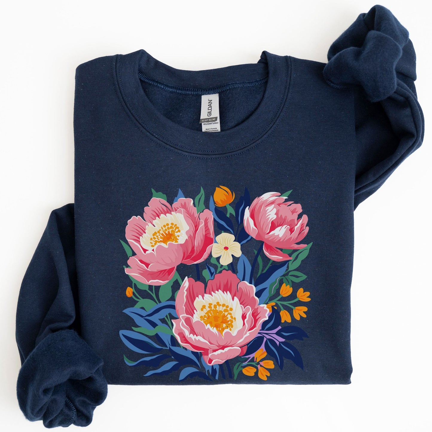 Navy blue sweatshirt with floral design on a white background