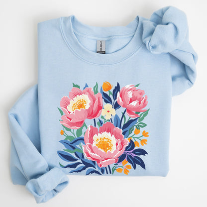 Light blue sweatshirt with floral design on a white background