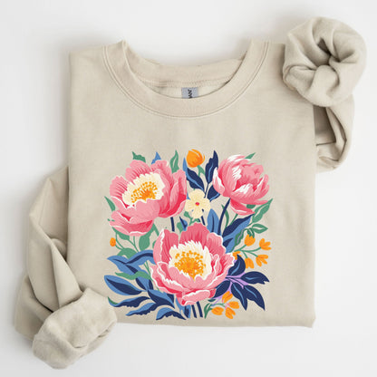 Beige sweatshirt with floral design on a white background