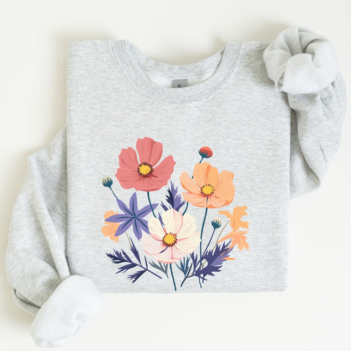 Gray sweatshirt with colorful floral design on a white background