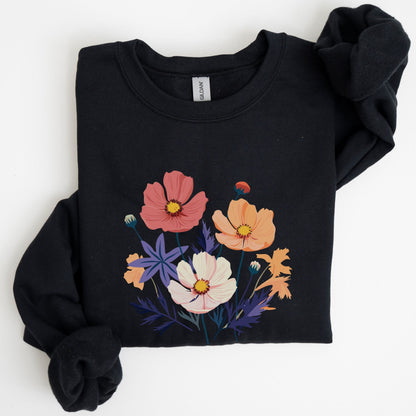Black sweatshirt with colorful floral design on a white background