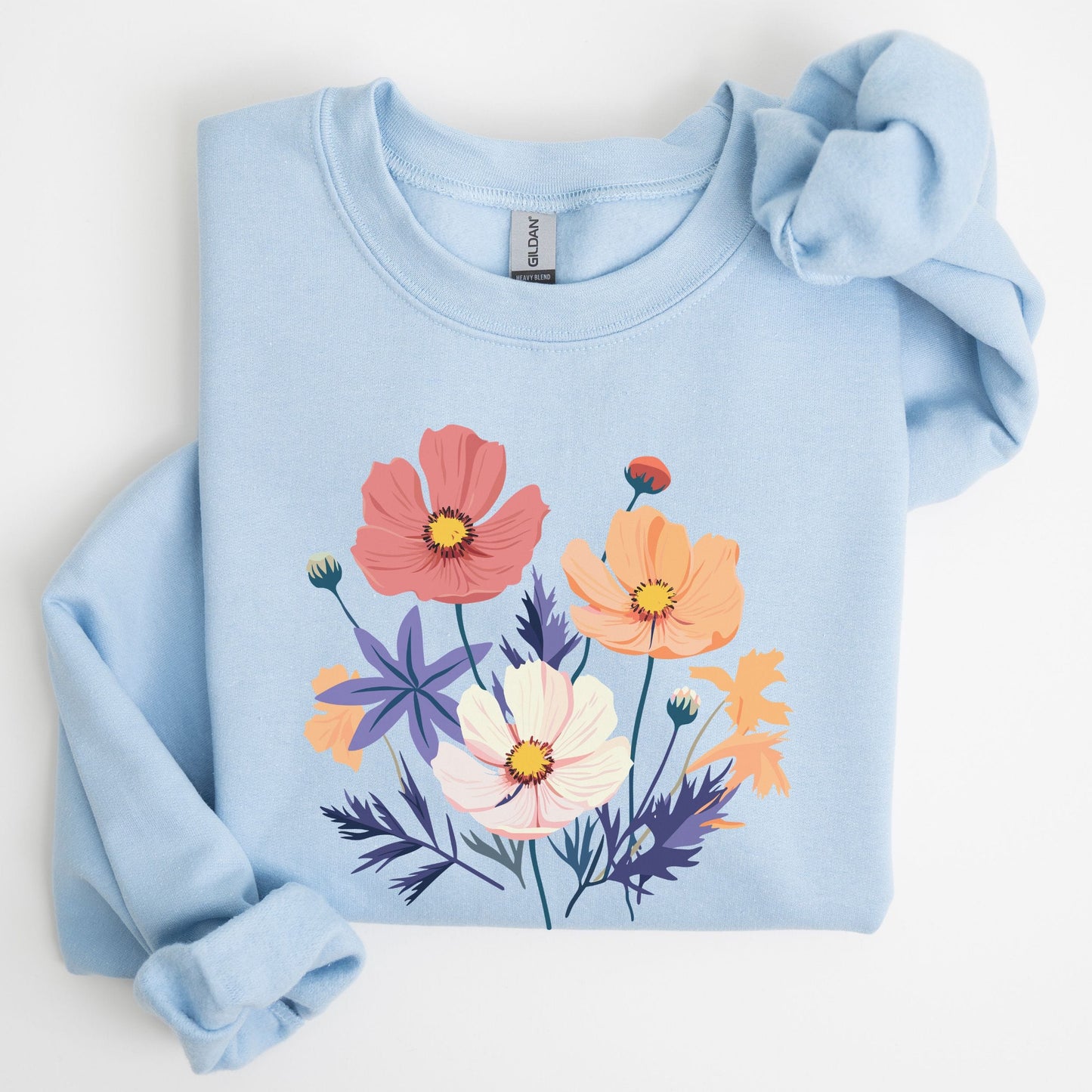 Light blue sweatshirt with colorful floral design on a white background