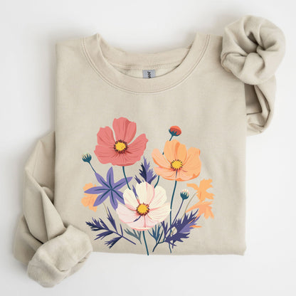 Beige sweatshirt with colorful floral design on a white background
