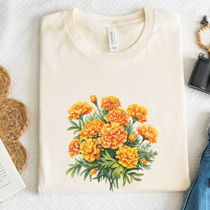 Beige t-shirt with a floral design on a textured surface