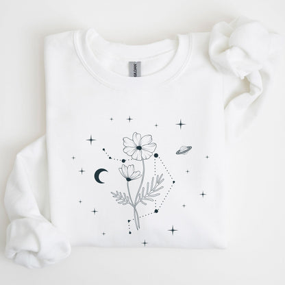 White sweatshirt with black floral and celestial design on a light background