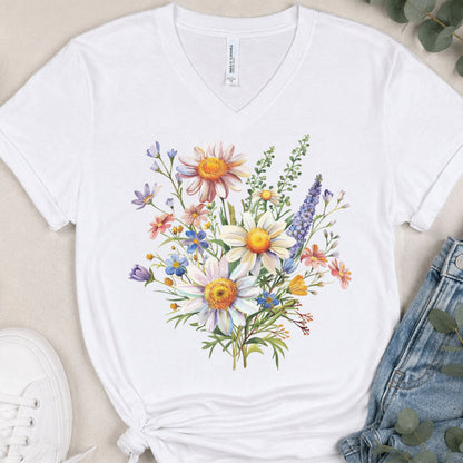 A white V-neck t-shirt with a colorful watercolor floral bouquet graphic on the front, styled in a flat lay with blue jeans, a white sneaker, and eucalyptus leaves on a beige background.