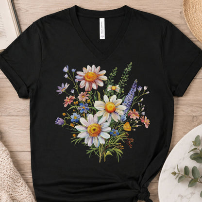 A black V-neck t-shirt with a colorful wildflower graphic print, laid flat on a light wood background.