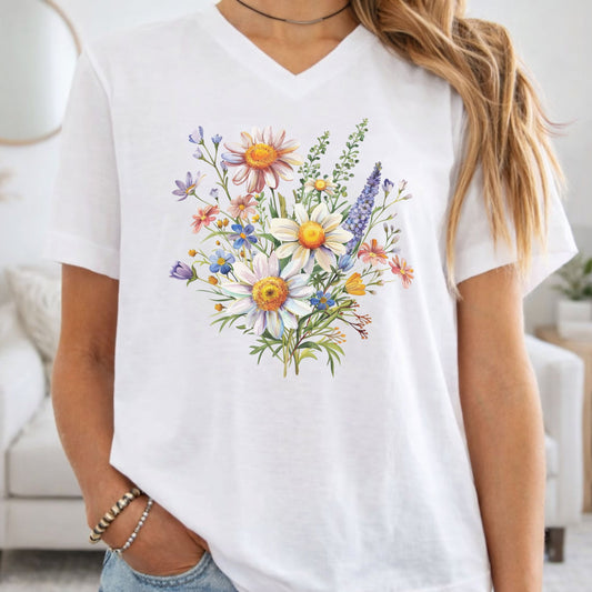 A woman wearing a white V-neck t-shirt with a colorful watercolor-style floral print of daisies, lavender, and other wildflowers on the front, set against a bright, softly blurred living room background.