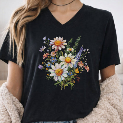 A woman wearing a black V-neck t-shirt with a colorful wildflower graphic on the front, styled with a beige knit cardigan.