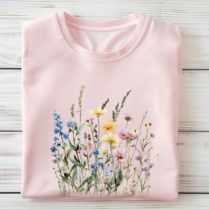 Flat lay of soft pink t-shirt with pastel watercolor wildflowers