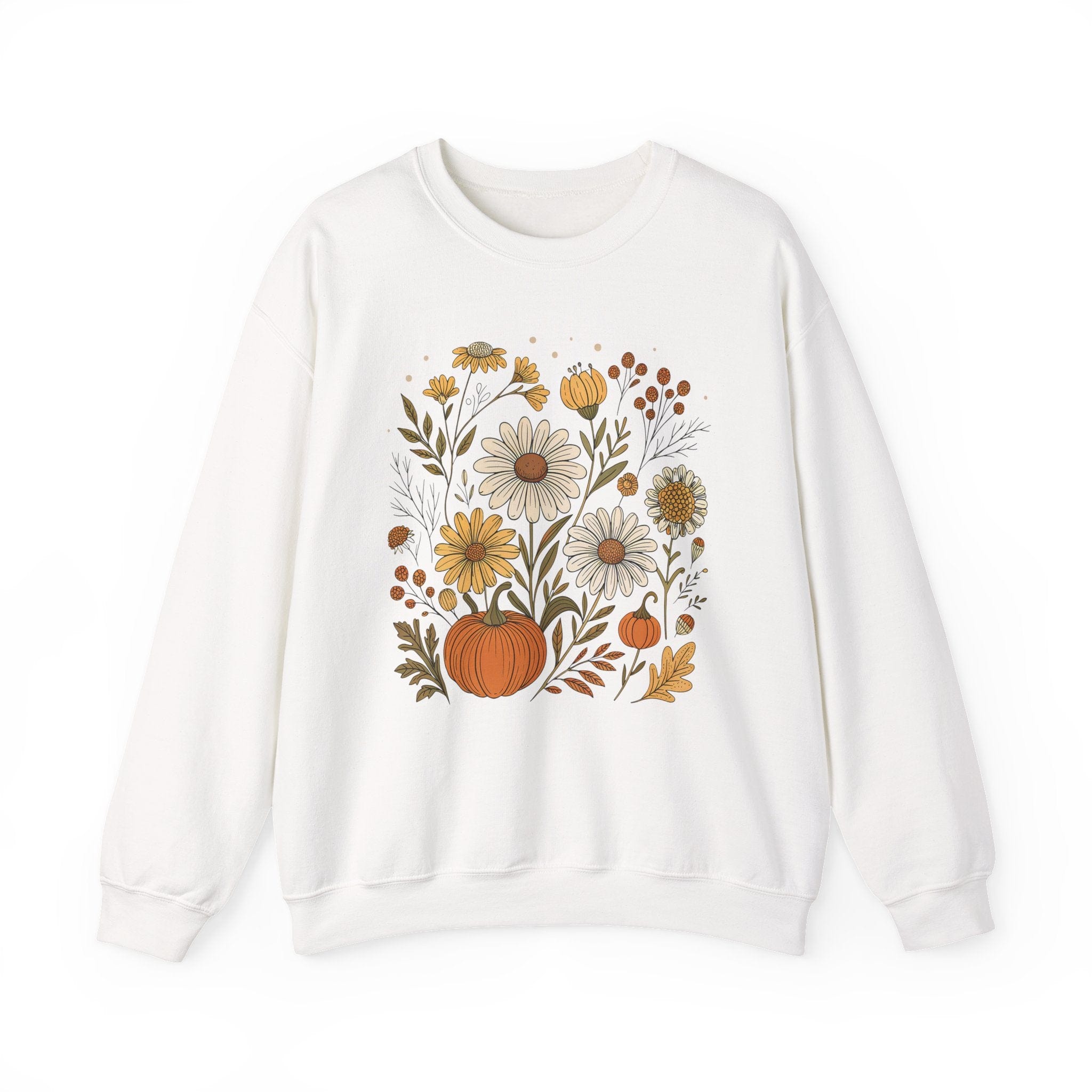 White sweatshirt with a floral and pumpkin design on a white background