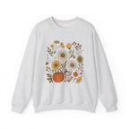Gray sweatshirt with a floral and pumpkin design on a white background
