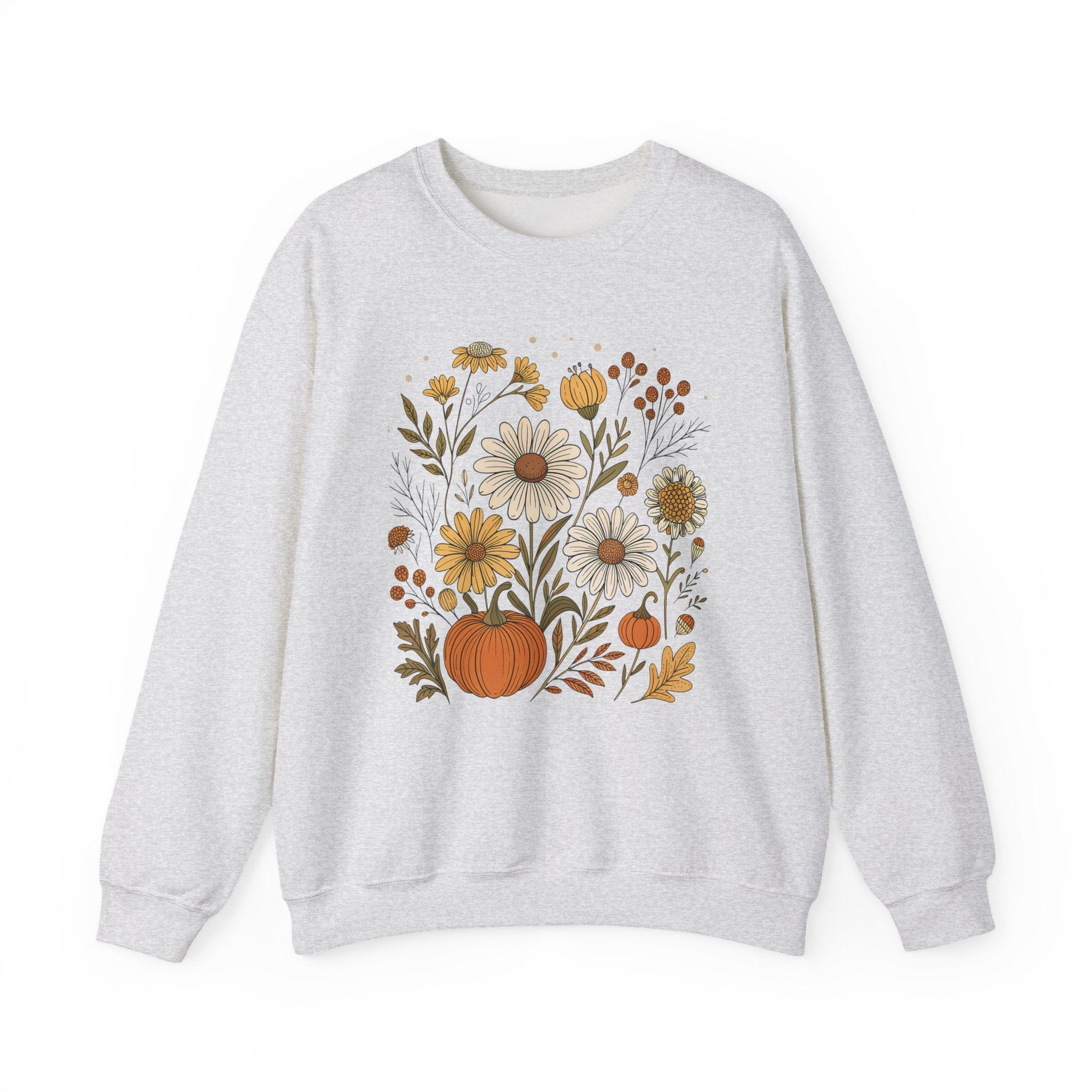 Gray sweatshirt with a floral and pumpkin design on a white background