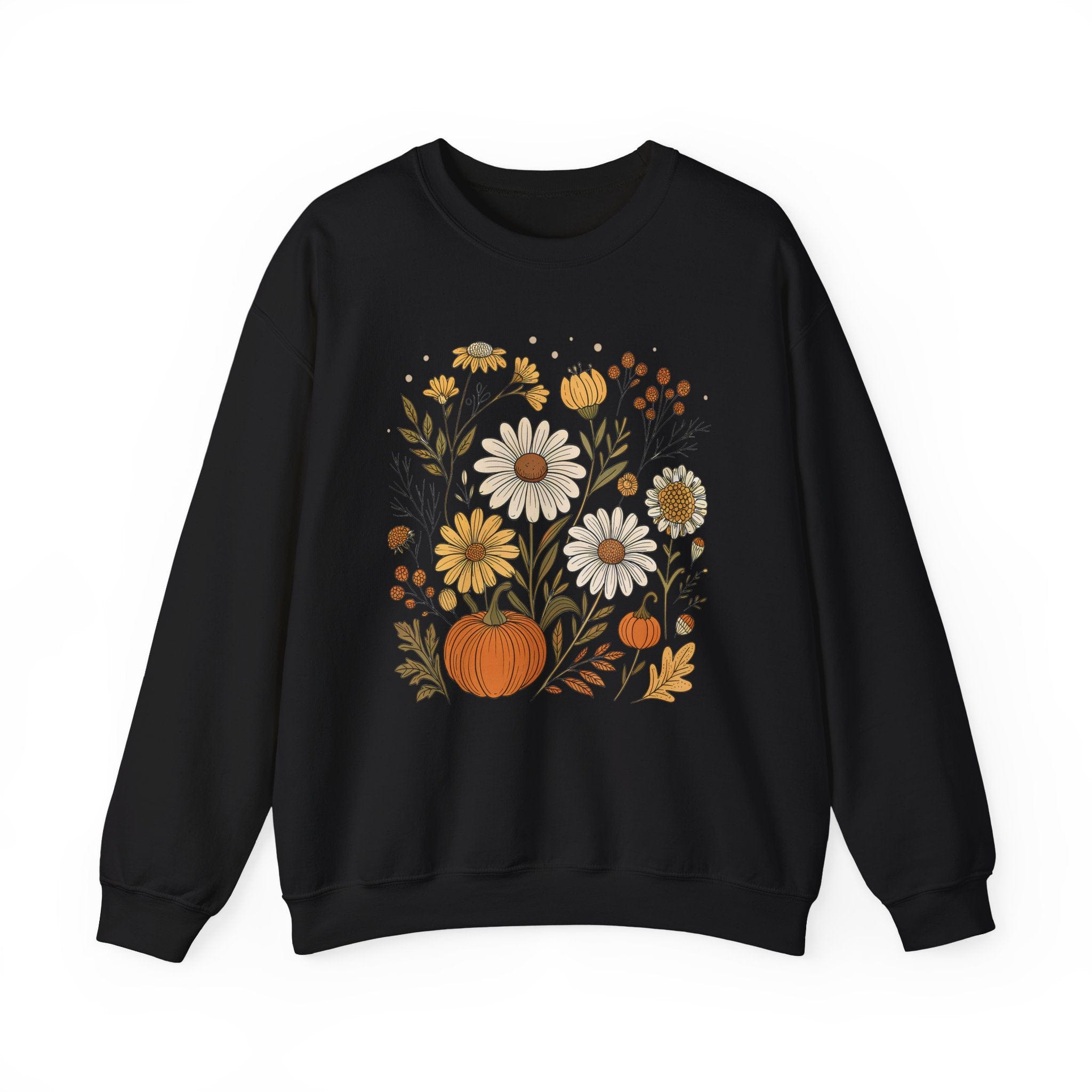 Black sweatshirt with floral and pumpkin design on a white background