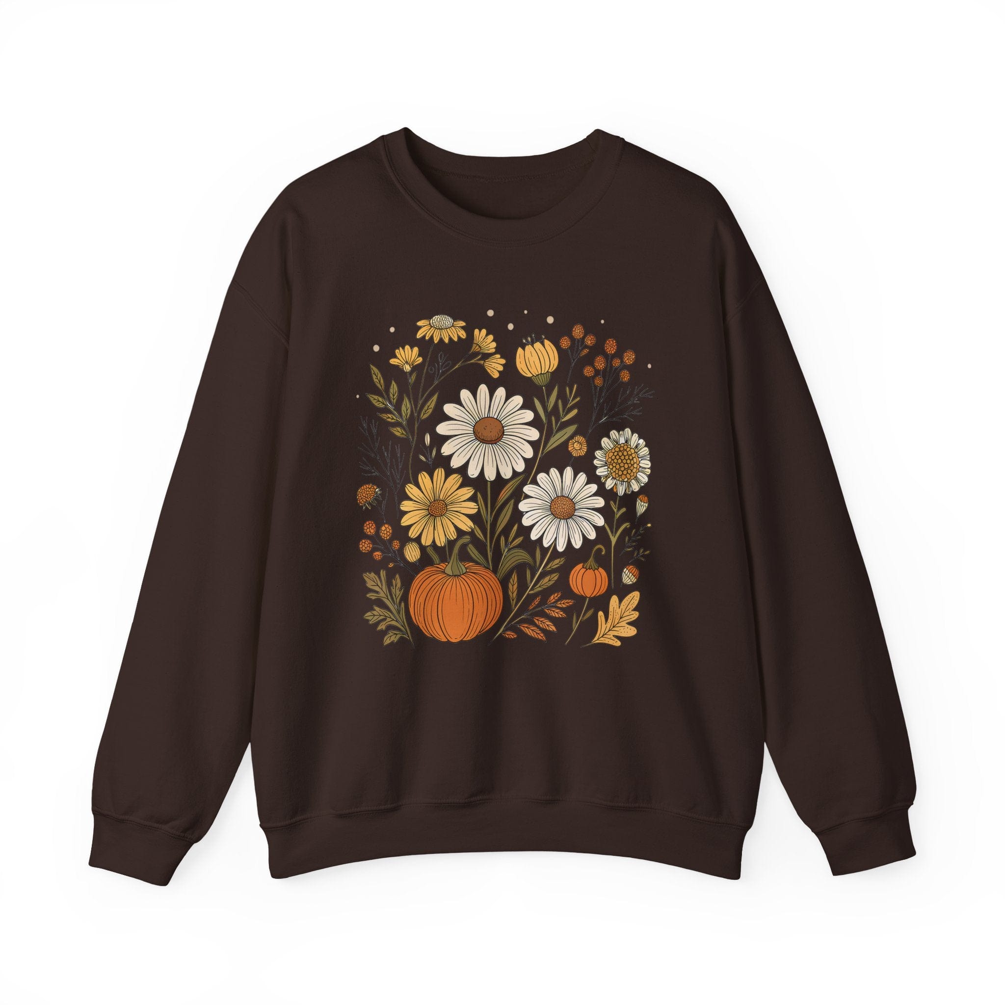Brown sweatshirt with floral and pumpkin design on a white background