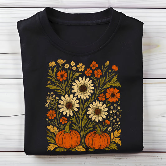 Black t-shirt with floral and pumpkin design on a wooden surface