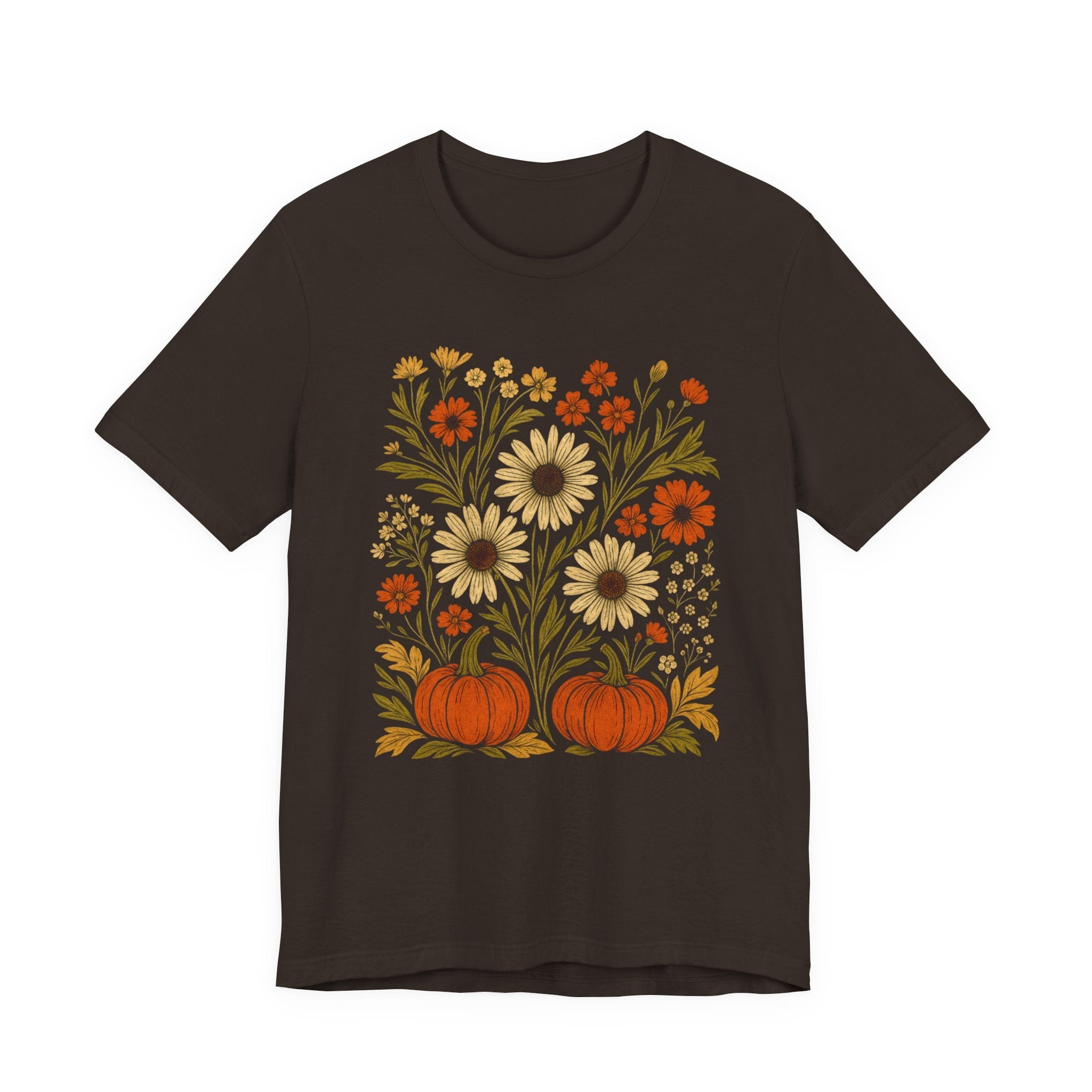 Brown t-shirt with floral and pumpkin design on a white background