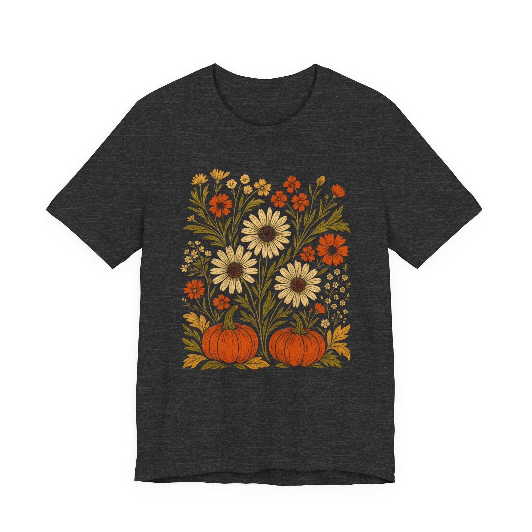 Dark heather grey t-shirt with floral and pumpkin design on a white background