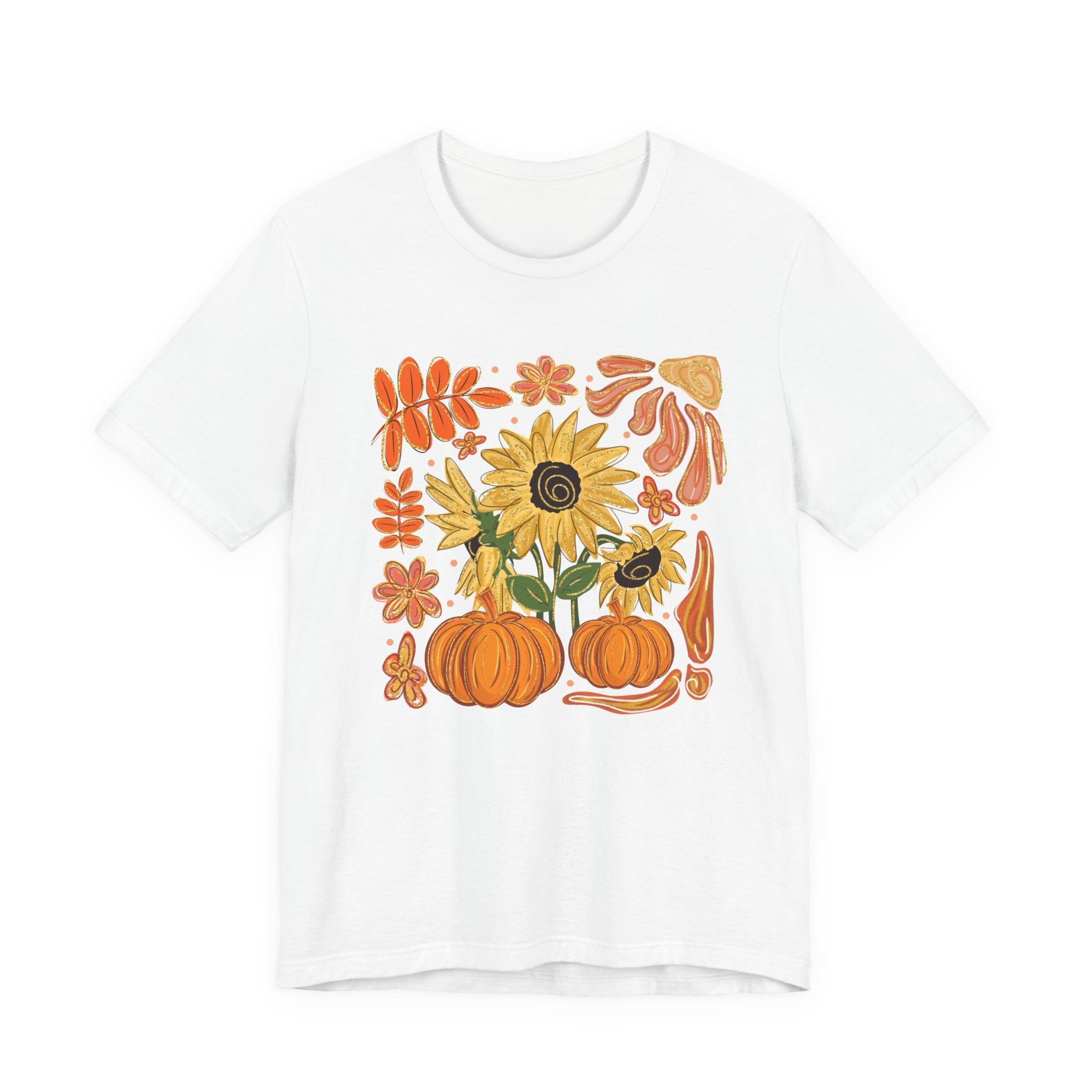 White t-shirt with autumn-themed design featuring pumpkins, sunflowers, and leaves on a white background.