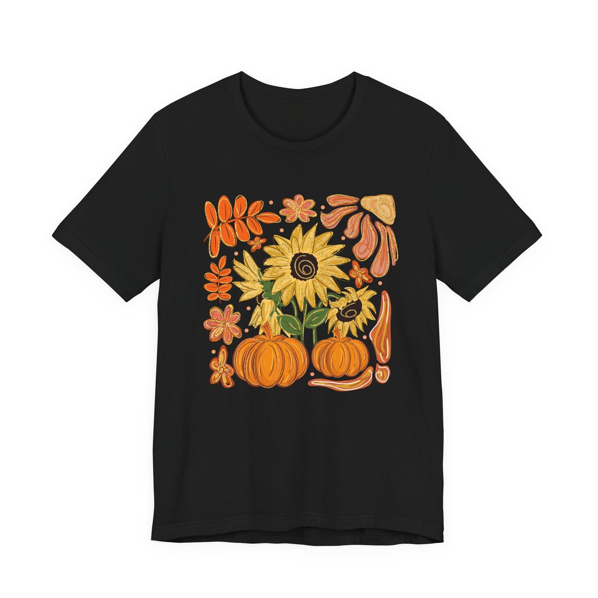 Black t-shirt with autumn-themed design featuring pumpkins, leaves, and sunflowers on a white background.