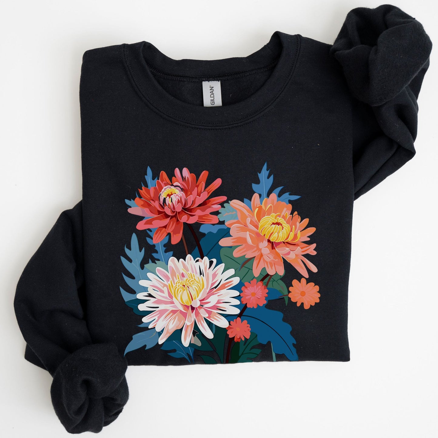 Black sweatshirt with colorful floral design on a white background