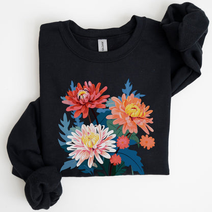 Black sweatshirt with colorful floral design on a white background