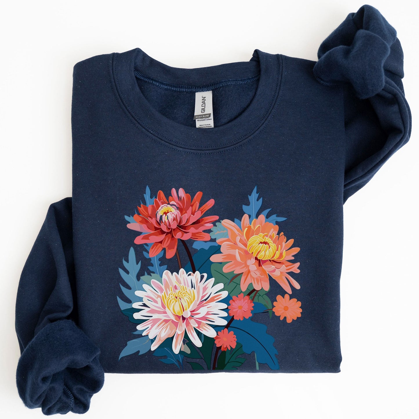 Navy blue sweatshirt with colorful floral design on a white background