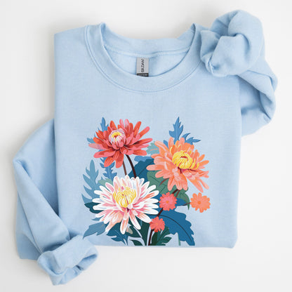 Light blue sweatshirt with floral design on a white background